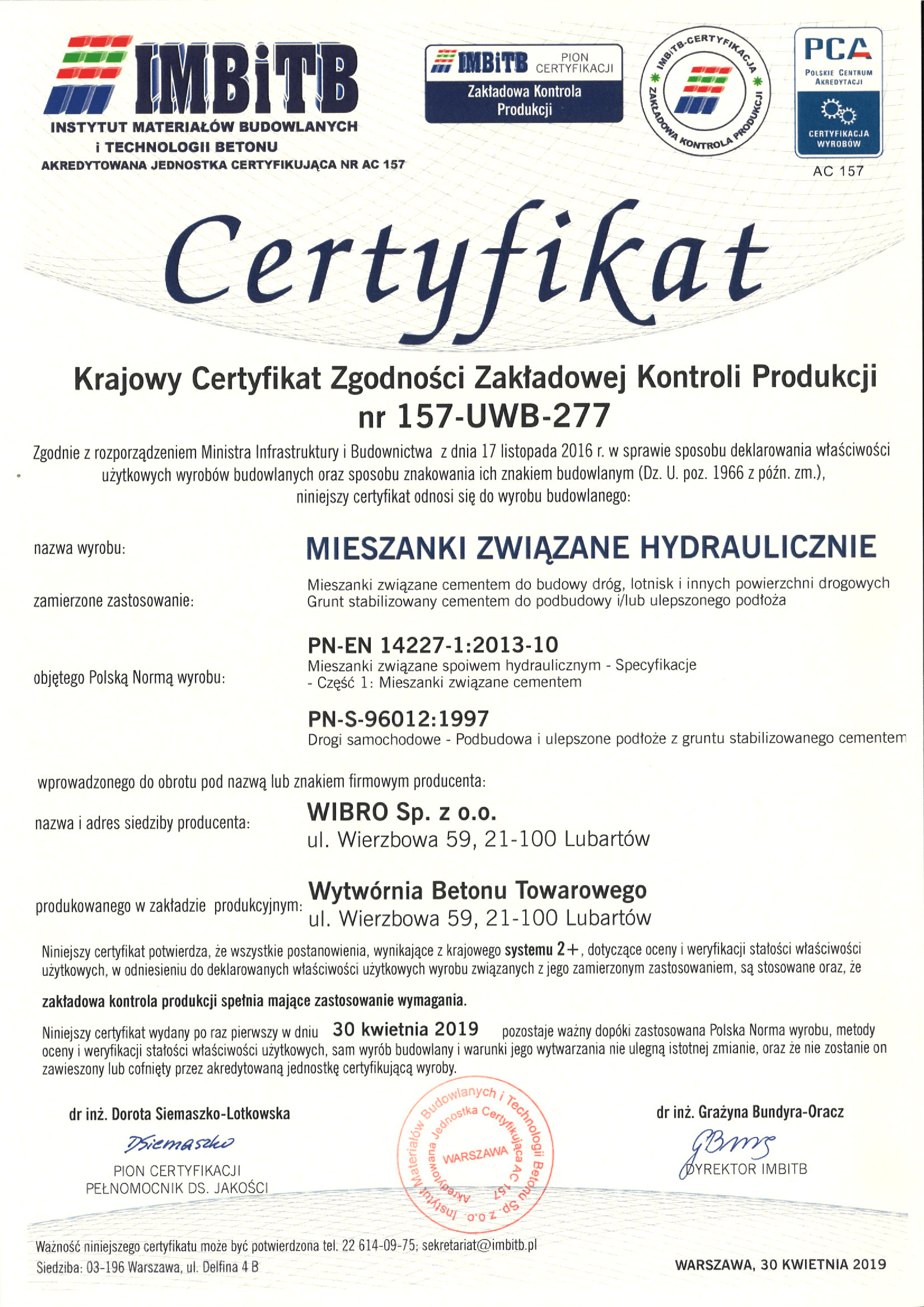 Certyfikat 157-UWB-277 M Wierzbowa wyd 1 2019 kwiecień