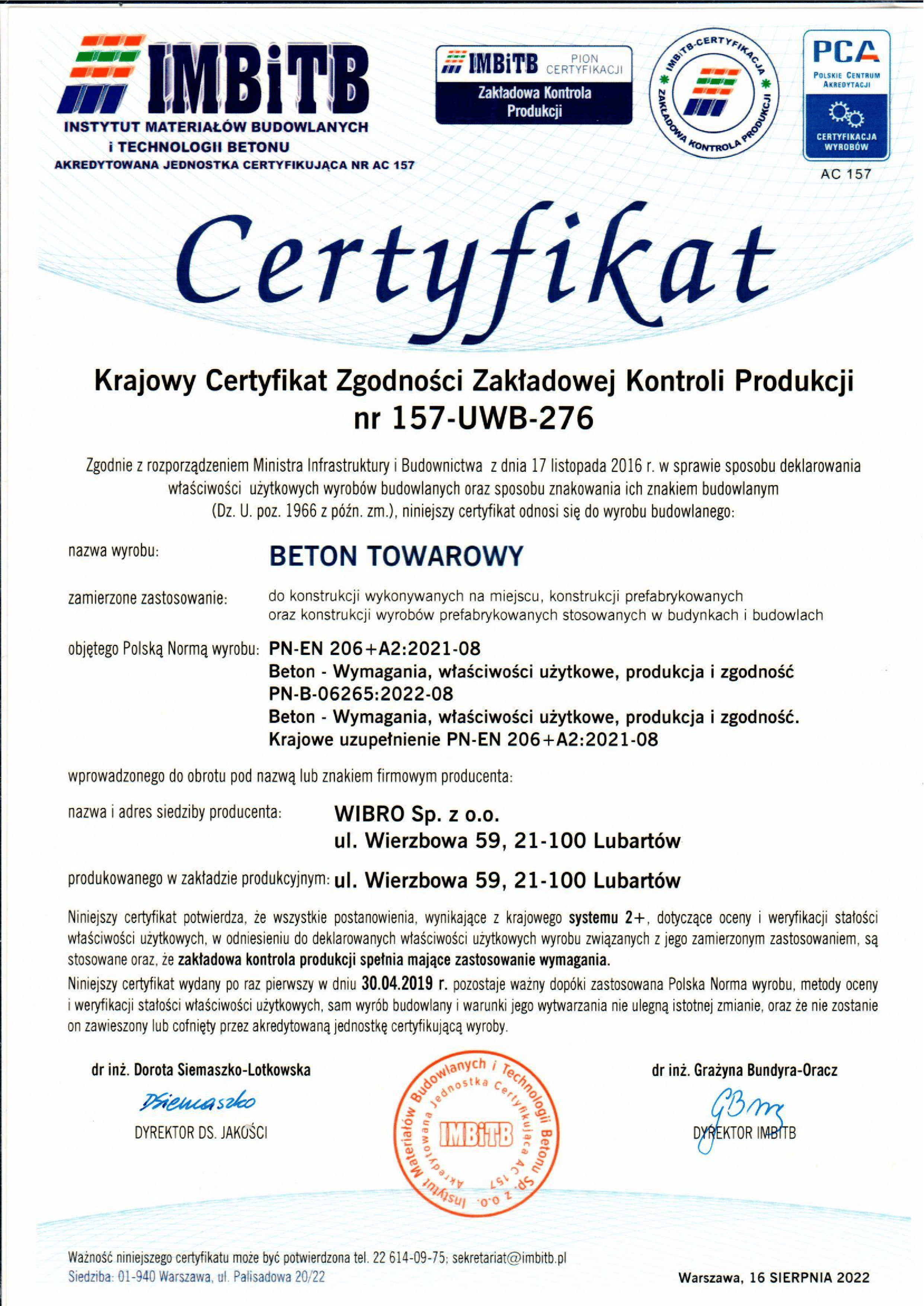 ZKP Certyfikat Beton towarowy Wierzbowa